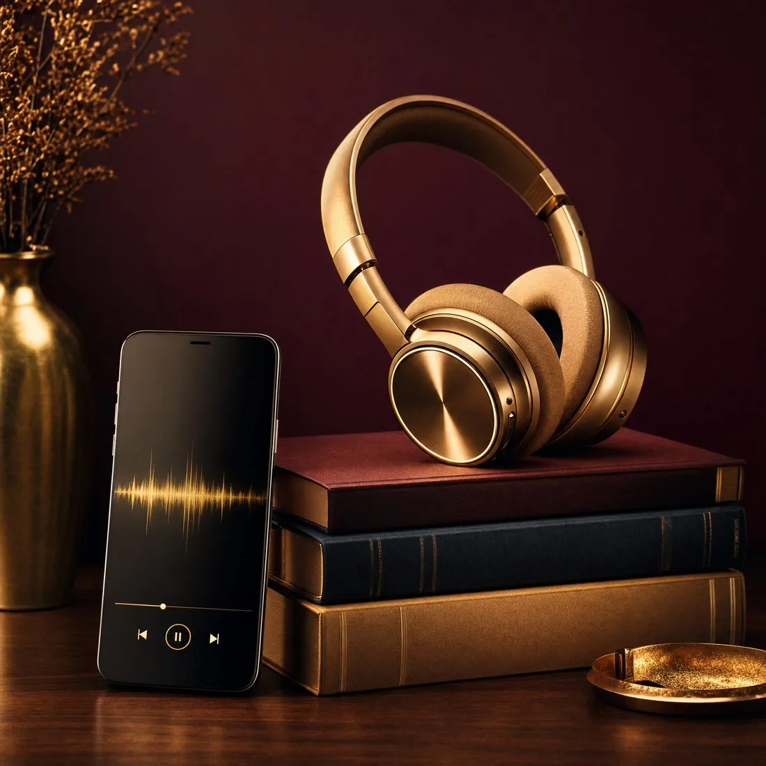 Celular tocando um audiobook ao lado de fones dourados sobre uma pilha de livros