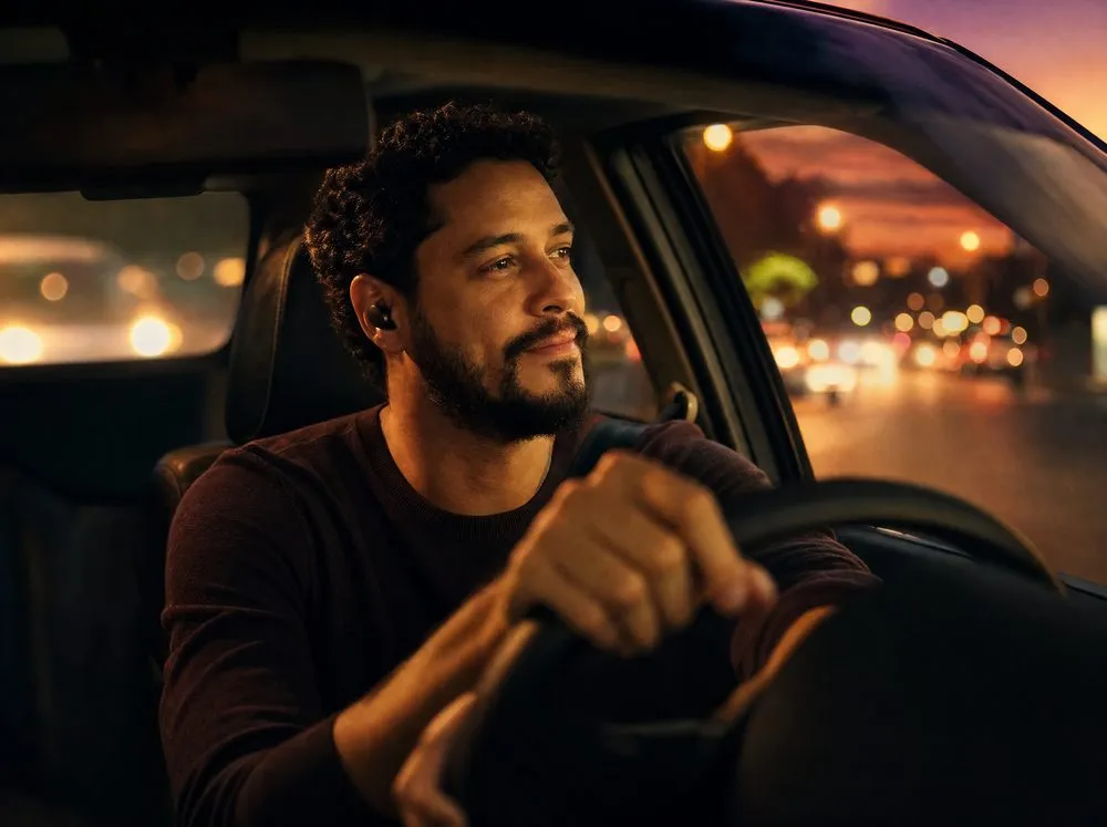 Motorista ouvindo um audiobook no carro