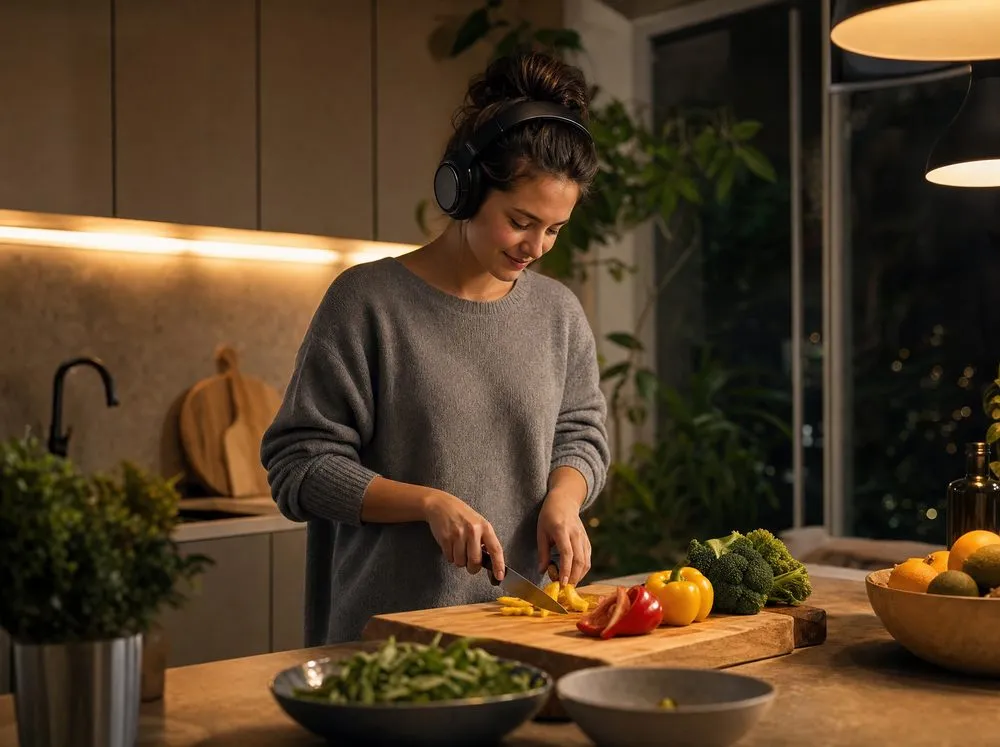 Pessoa cozinhando em casa enquanto ouve um audiobook